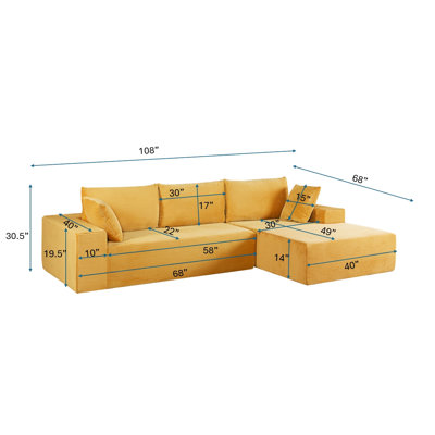 Modern Comfy 4 - Seat Sleeper Convertible Sectional In Ginger Yellow Corduroy, For Flexible Living Areas, Right Facing, Full Foam Cushioning, No Assembly Needed Sectional, Couch Soft Cozy Spaces,