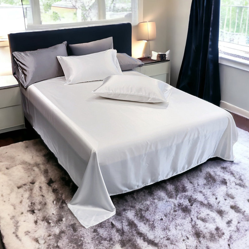 Satin Fitted Sheet, King Fitted Sheet with 2 Pillowcases, White