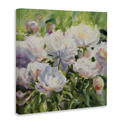 Art mural blanc avec pivoines impressionnistes, design par Katrina Pete