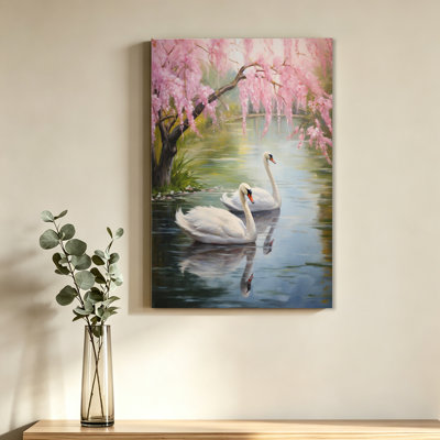 Affiche de peinture de cygnes blancs dans un lac avec des cerisiers en fleurs