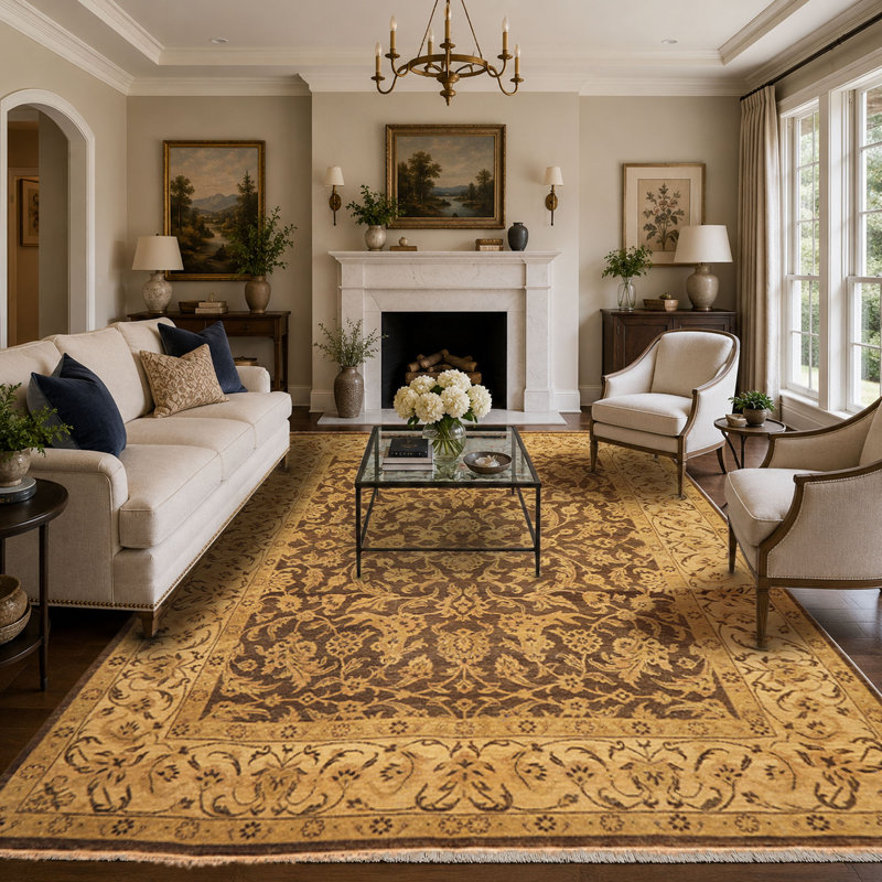Tapis traditionnel Oushak en laine, noué à la main, brun beige, 2,36 m x 2,97 m