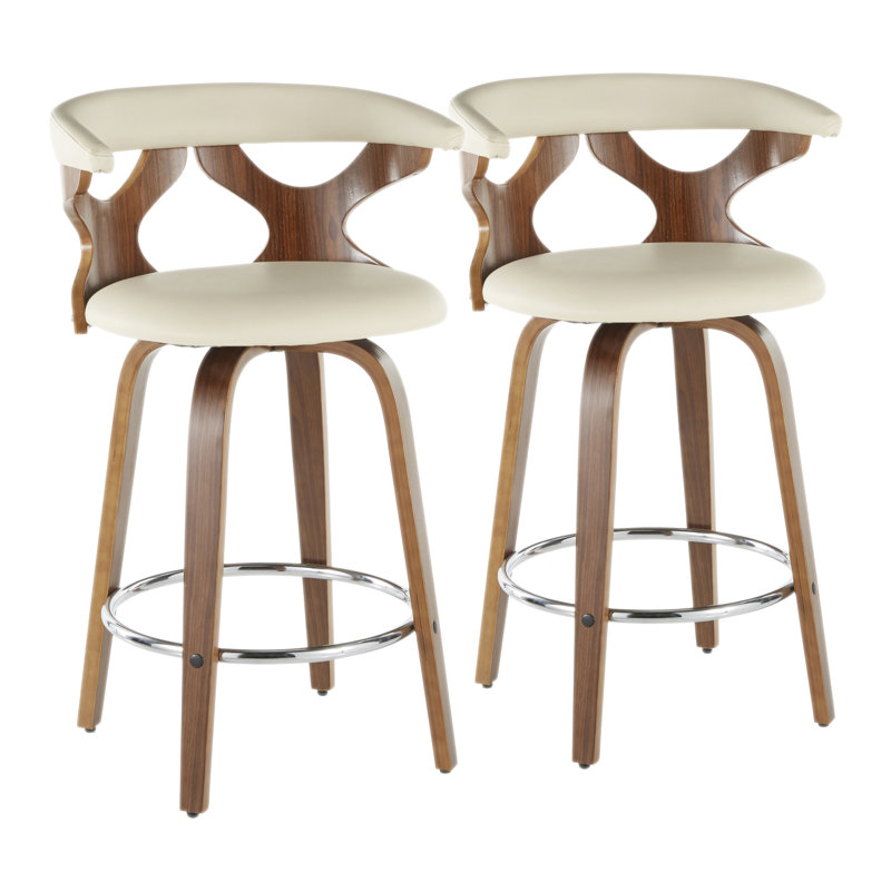 Laquietta 26" Fixed-Height Counter Stools with Bent Wood Legs & Round Footrest, Cream