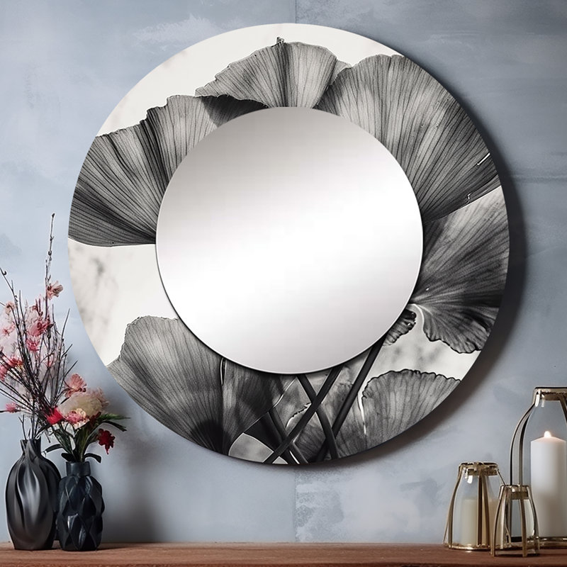 Gurjyot Tropical Ginkgo Leaves II - grand miroir mural à feuilles, miroir rond gris unique, reproduction d'art en métal