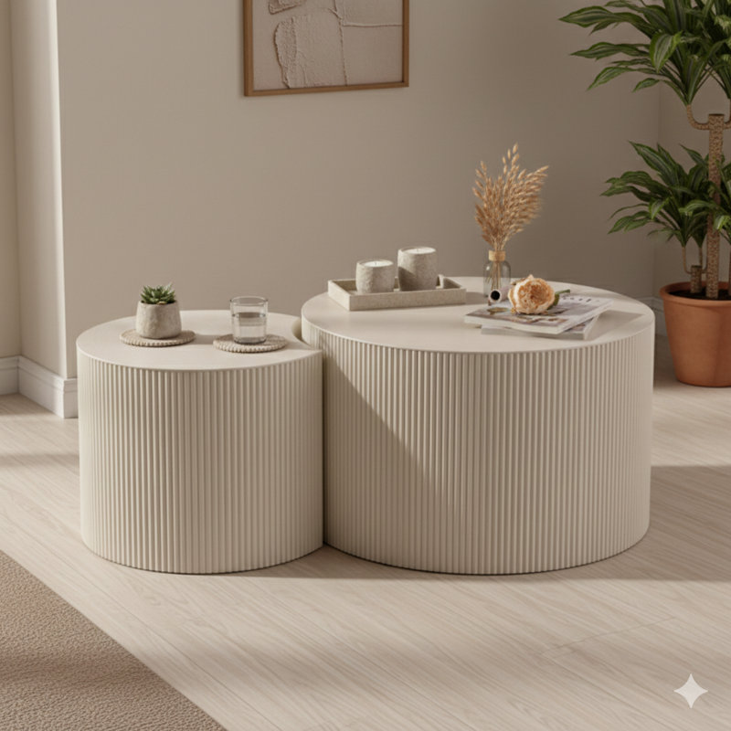 Table basse ronde avec des détails en relief sculptés à la main et une base piédestal robuste en forme d'olive, faite de bois pour les salons