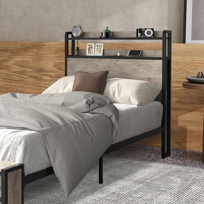 Cadre de lit simple avec tête de lit, station de charge et lumière DEL pour la chambre à coucher