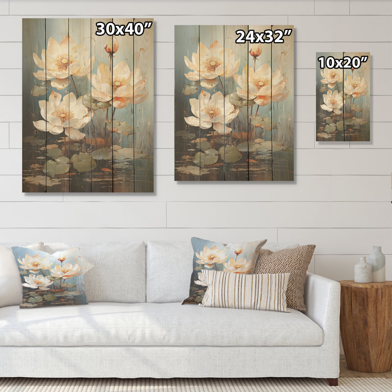 Élégance en fleurs de lotus - Art mural sur bois de pin naturel, H 40 po x l 30 po