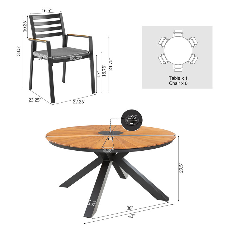 Ensemble repas d'extérieur rond en aluminium / teck avec coussins en oléfine, 6