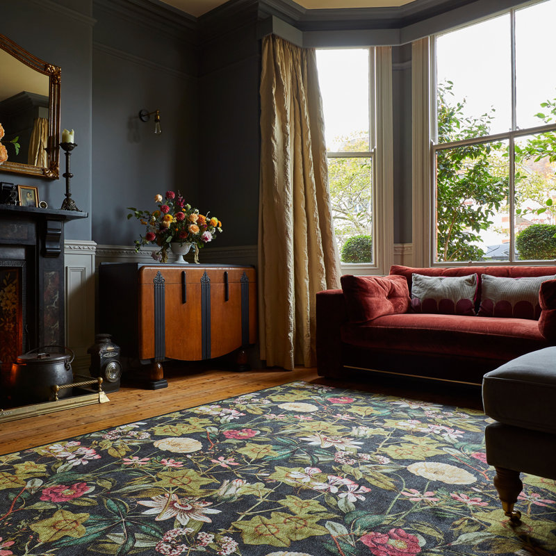 Clarke & Clarke Floral Digitally Printed 76cm X 150cm Area Rug, Green/Black, Rectangle 76 x 150 cm