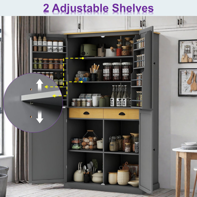 Garde-manger avec 2 tiroirs intégrés, 2 tablettes réglables, 8 tablettes de porte et 1 armoire de rangement