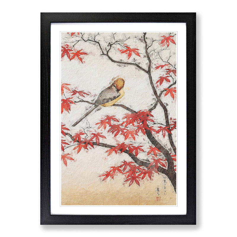 Bird In Autumn by Toshi Yoshida - Single Picture Frame Painting, 45cm H x 33cm W x 2cm D, Black Framed