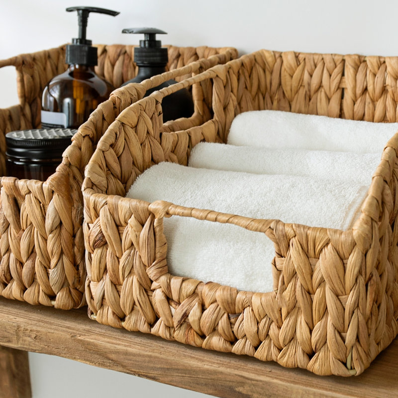 Handwoven Water Hyacinth Baskets with Handles, Pantry Storage Baskets for Shelves