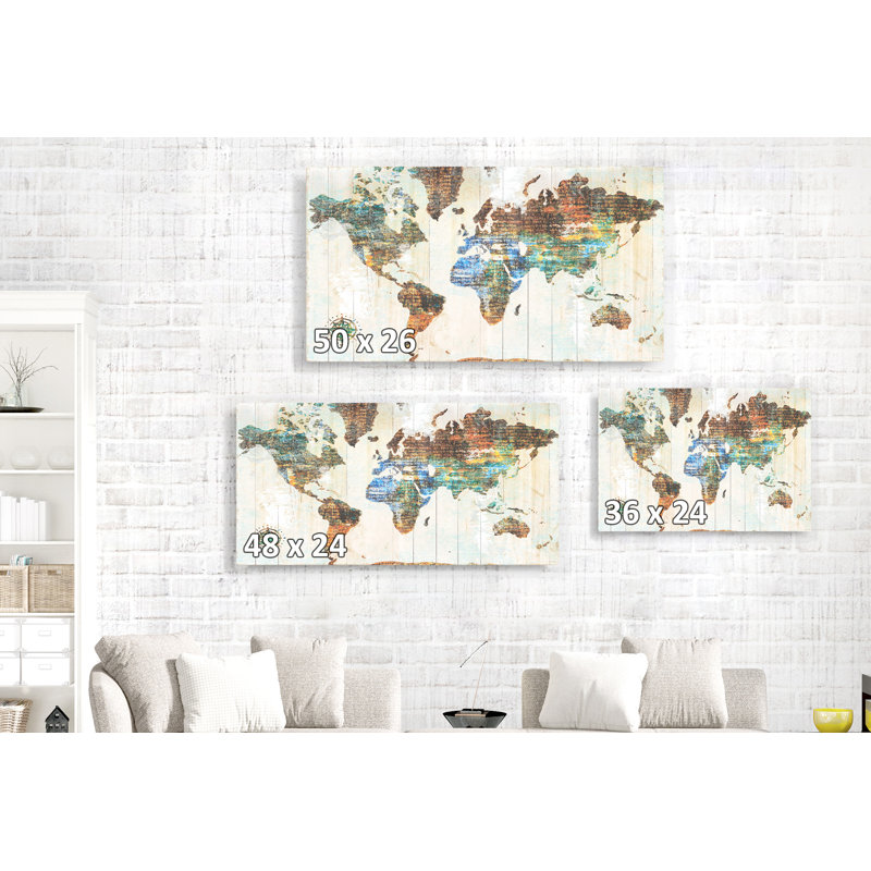 Carte du monde, incrustation de texte, sur panneau, crème, brun clair, brun, Continents, H 26 po x l 50 po x P 1,5 po