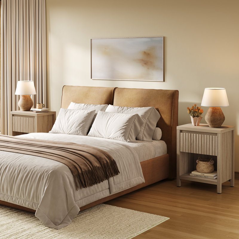 Allete Modern Fluted 1-Drawer Nightstand With Open Shelf Storage, Sandstone Beige
