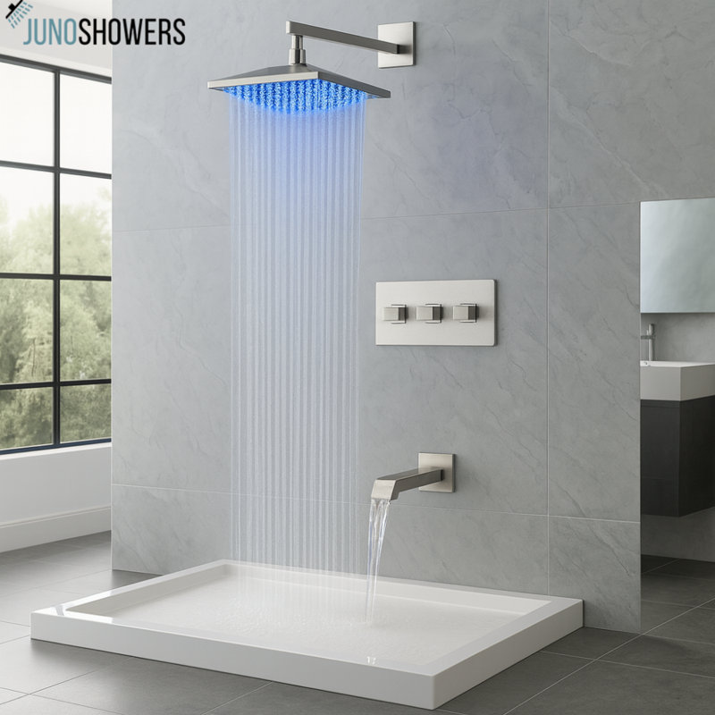 Juno Wall Mount Square LED Shower Head - Shower Diverter Wall Faucet