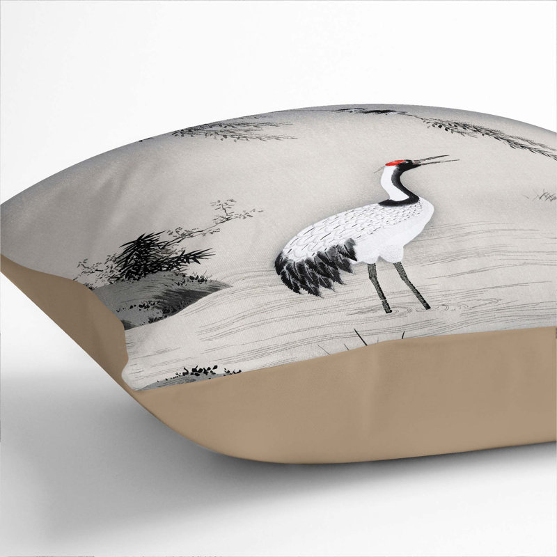 Japanese Crane by Kano Motonobu Cushion with Filling, Stone, 55cm H x 55cm W x 20cm D