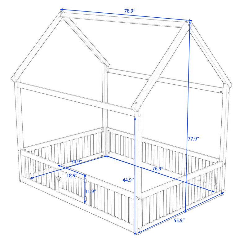 Full Wood House Bed with Fence, White
