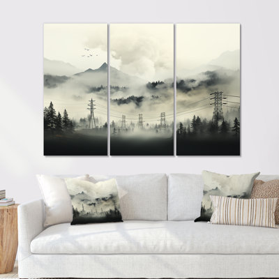 Stormy Ebony Edges Power Lines Fog Mountains - ensemble d'art mural lignes électriques