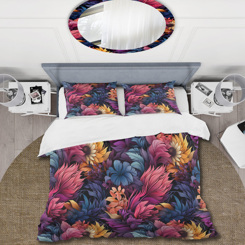 Ensemble de housse de couette Boho rose et bleu Feather Fusion I, Housse de couette pour très grand lit et 2 très