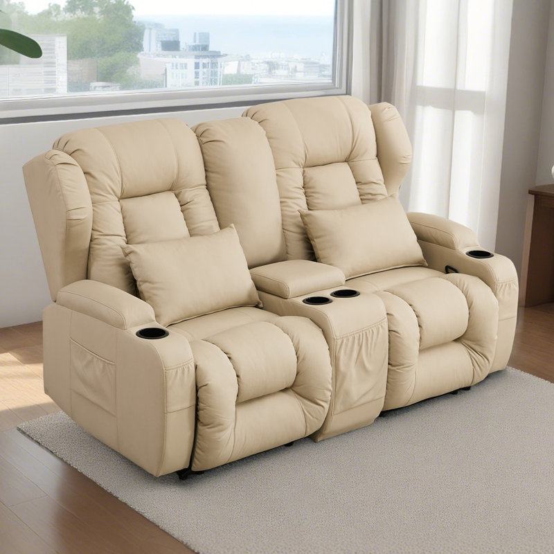 RV Loveseat Recliner Sofa with Console, Dual Reclining Seats Home Theatre Seating with Cup Holders, Faux Leather Manual Recliner Couch with Storage Pocket, Split Back Adjustable 95°–150°