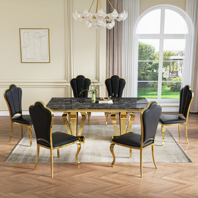 Faux Marble Top Metal Base Dining Table Set