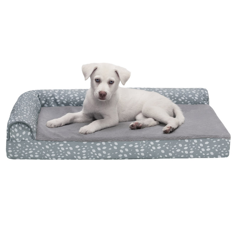 Plush Fur & Almond Print Memory Top Deluxe L-Chaise Sofa Pet Bed, Medium (30" W x 20" D x 6.25" H), Gray