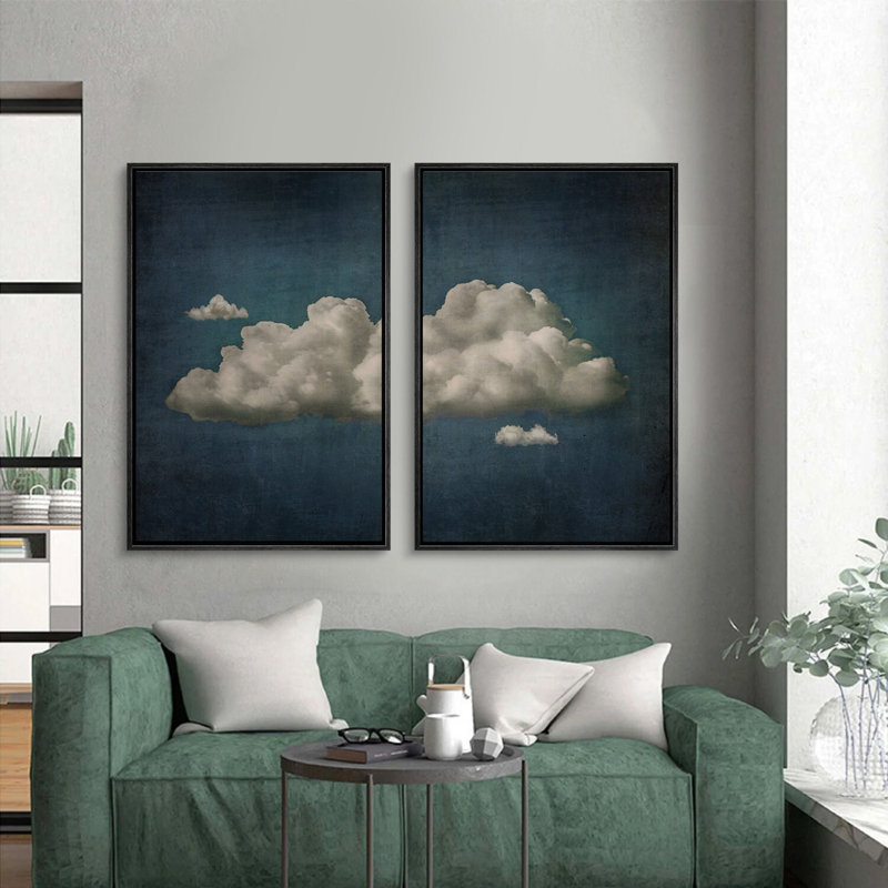 "Pastel" bleu marine abstrait ciel nuages moderne relaxant minimaliste décoration murale 2 pièces, Noir, H 24 po x l 16 po