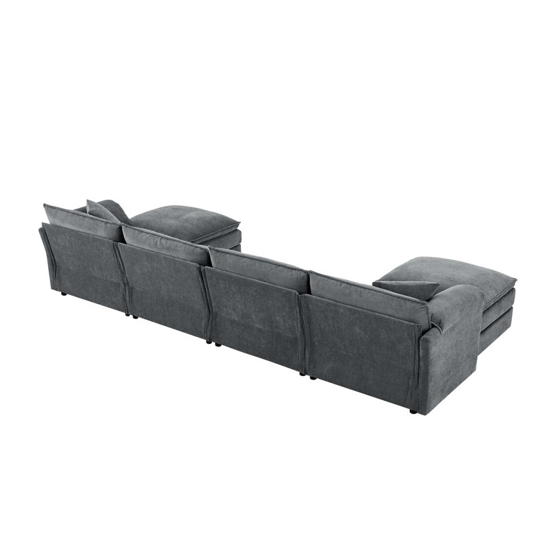 Canapé modulaire en chenille avec sièges profonds et repose-pieds mobile Chenille, Chenille - gris foncé