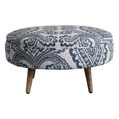 Cotton Voile Upholstered Round Stool With Paisley Pattern, Hand-Embroidered Kantha Stitch And Mango Wood Legs