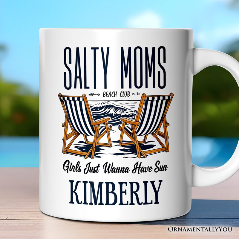 Tasse Salty Moms Beach Club, cadeau rétro «Summer Cool Mothers» avec nom personnalisé
