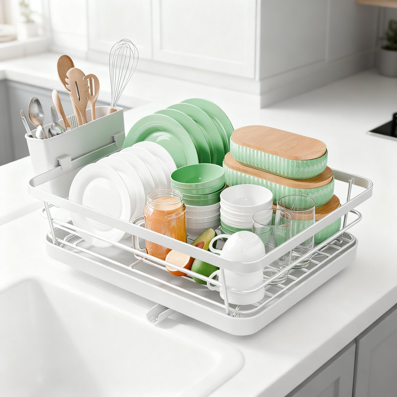Compact Dish Drying Rack With Utensil Holder And Adjustable Drain Spout, Rust-Proof Space-Saving Kitchen Countertop Organizer