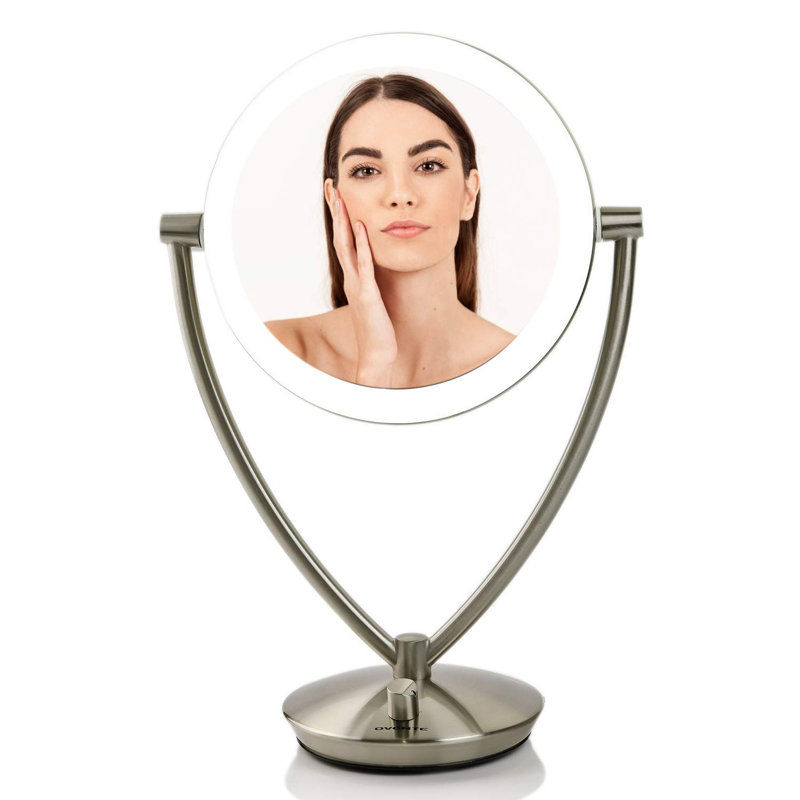 OVENTE LED Lighted Makeup Mirror 7.5 Inch Table Top 1X 5X Magnifier Dimmable illuminated Adjustable Circle 360 Degree Double Sided Acrylic Edge Battery USB Operated Large Nickel Brushed MLT75BR1X5X