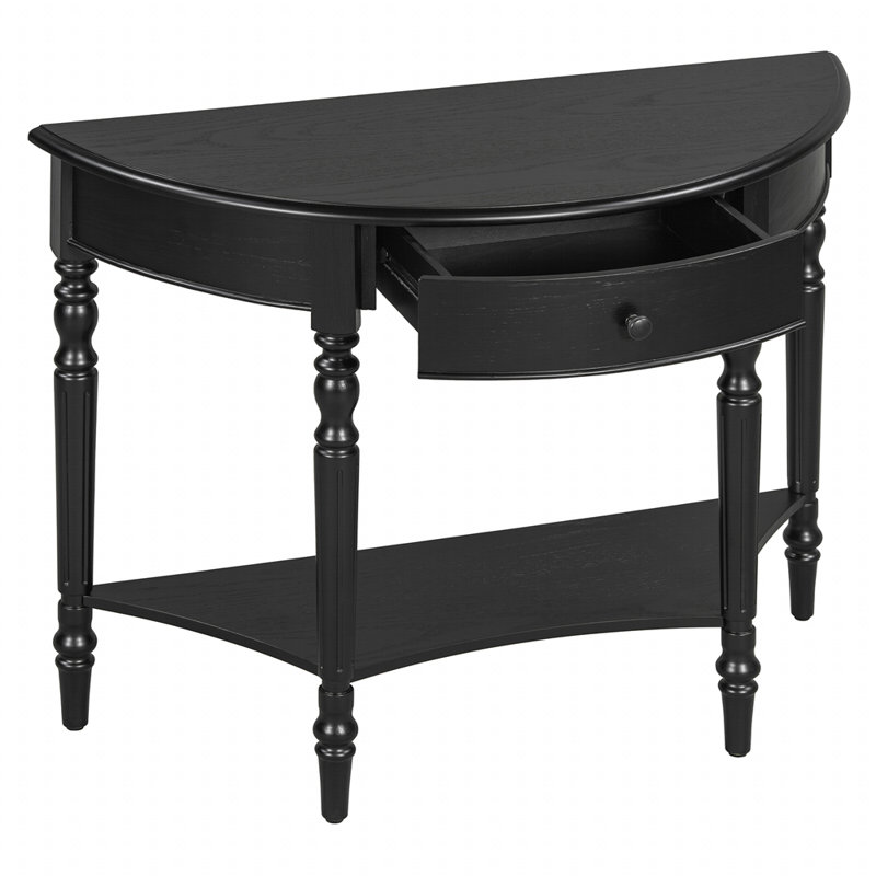 Rustic Half Moon Console Table with Drawer and Shelf, Black