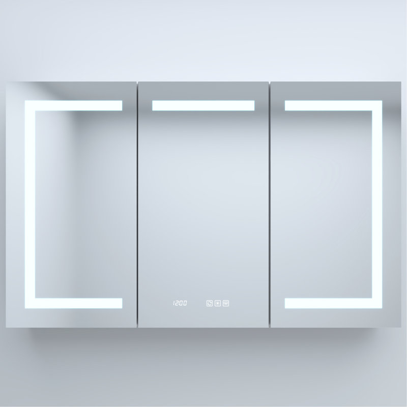 48 po Armoire à pharmacie large en aluminium avec lumières DEL, horloge, conception biseautée large, 30 lumières à haute densité, montage en surface intégré, temps / température, miroir antibrouillard, plateau à détection automatique