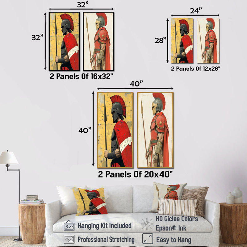 Red Ares Spear sur le champ de bataille Spartan I - ensemble d'art mural Spartan 2 pièces, H 28 po x l 24 po
