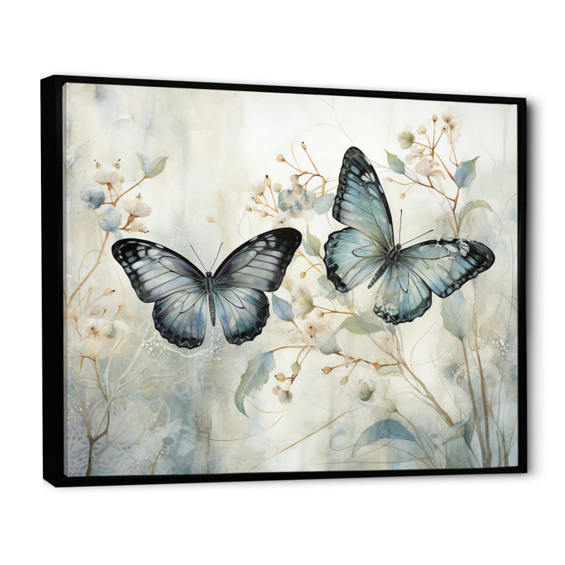 «Blue Beige Butterfly Wings Of Serenity», art sur toile papillon, H 24 po x l 32 po, Reproduction avec cadre flottant, Noir