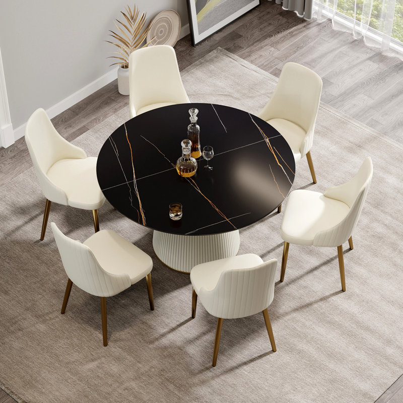 Table de salle à manger 53,15 po en pierre artificielle ronde ronde en contreplaqué beige avec base en polyuréthane pouvant accueillir 6 personnes (sans les chaises)
