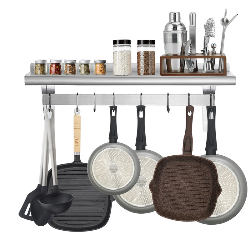 48" Stainless Steel Wall Mounted Pot Rack with Shelf and Hooks