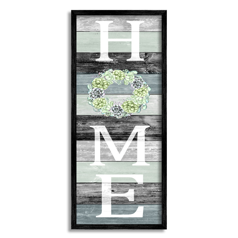 «Succulent Wreath Welcome Home Sign» par Kimberly Allen, art textuel sur bois à cadre flottant, Giclée encadrée noir minuit