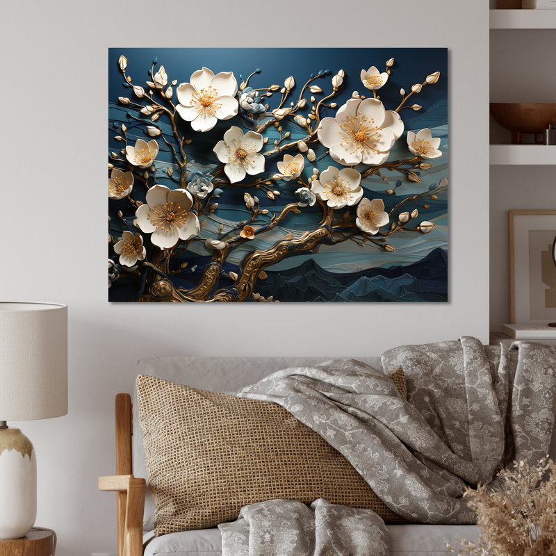 Orchidée dorée blanche et bleue Garden Of Branches IV - arbre, art mural en métal, H 24 po x l 32 po x P 1 po
