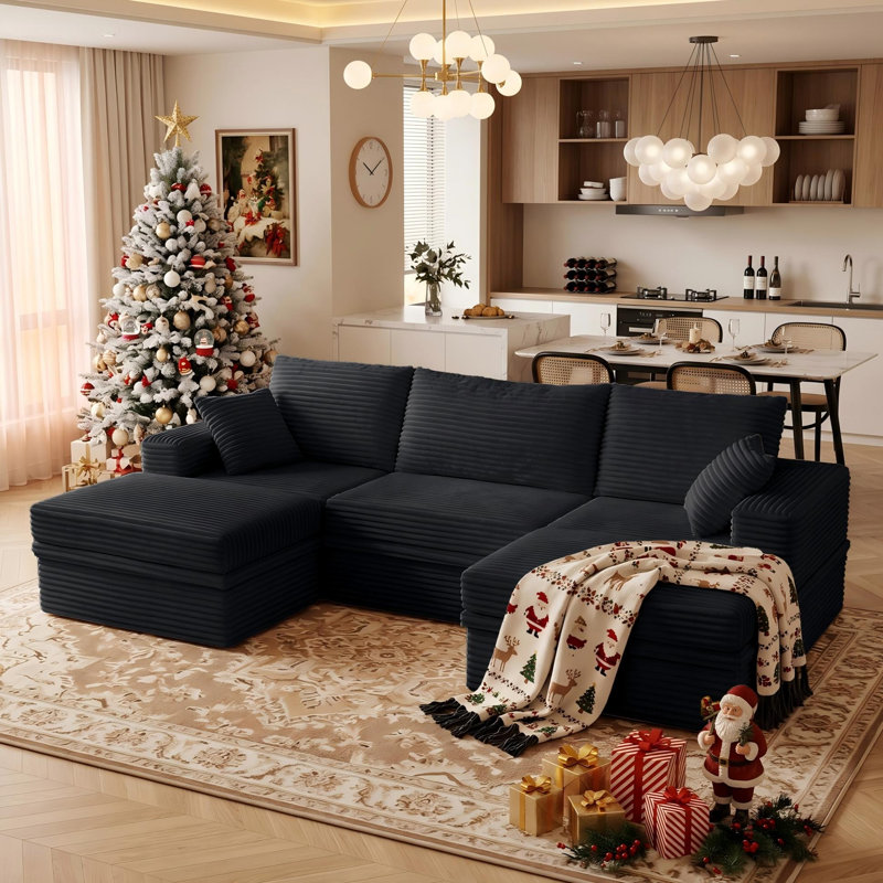 107"W Boneless U-Shaped Sectional Sofa, Cloud Modular Corduroy Couch with Chaise, 2 Ottomans & Hidden Storage, Extra Deep Seat Corner Sofa, Minimalist Living Room Furniture, Easy Assembly Required