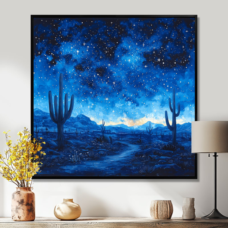 Markcus cactus sous le désert, étoiles bleues I - cactus grand, art mural, Impression encadrée flottante, H 16 po x l 16 po