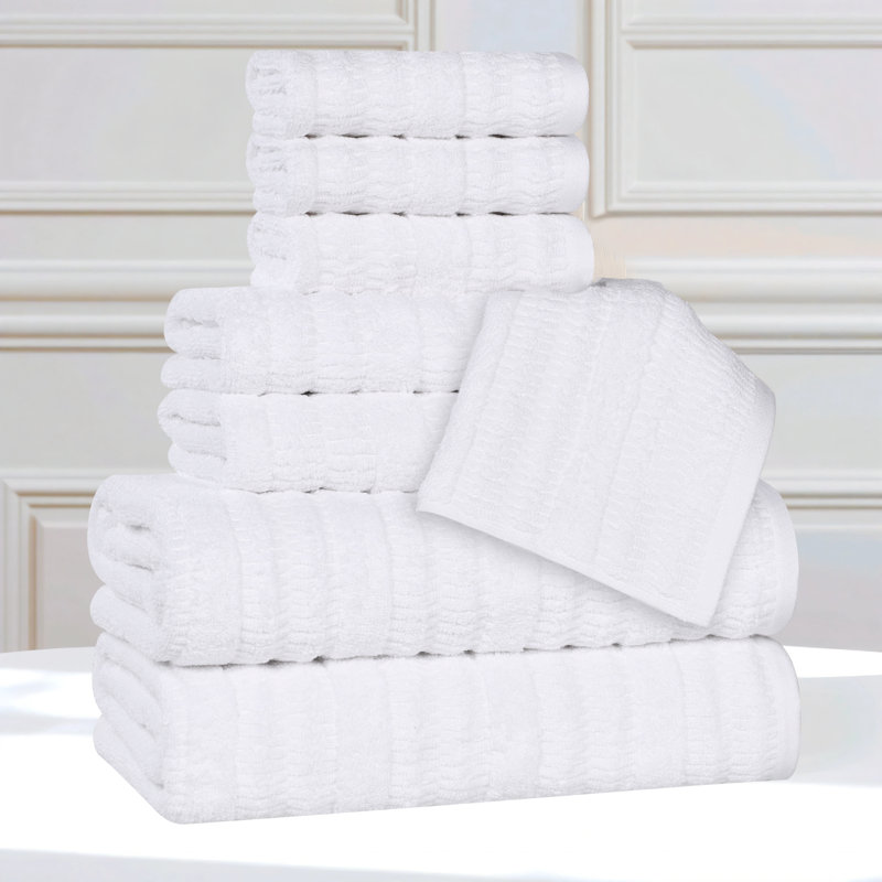 Mika Smart Twist Viscose Cotton Blend Medium Weight Solid Textured Ribbed 8 Piece Towel Set, White