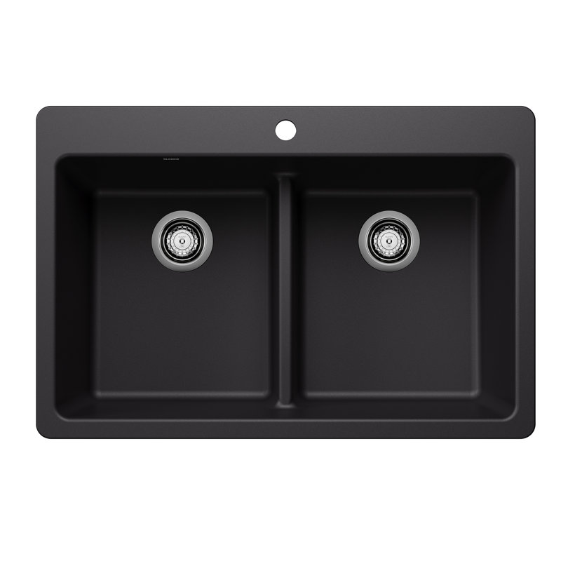 Liven SILGRANIT 33" L x 22" W Double Basin Drop-In/Undermount Kitchen Sink, Coal Black