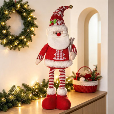 Christmas Extendable Standing Plush Figurines, Santa, Snowman & Reindeer Adjustable Leg Xmas Decorative Dolls, Indoor Holiday Tabletop Ornaments
