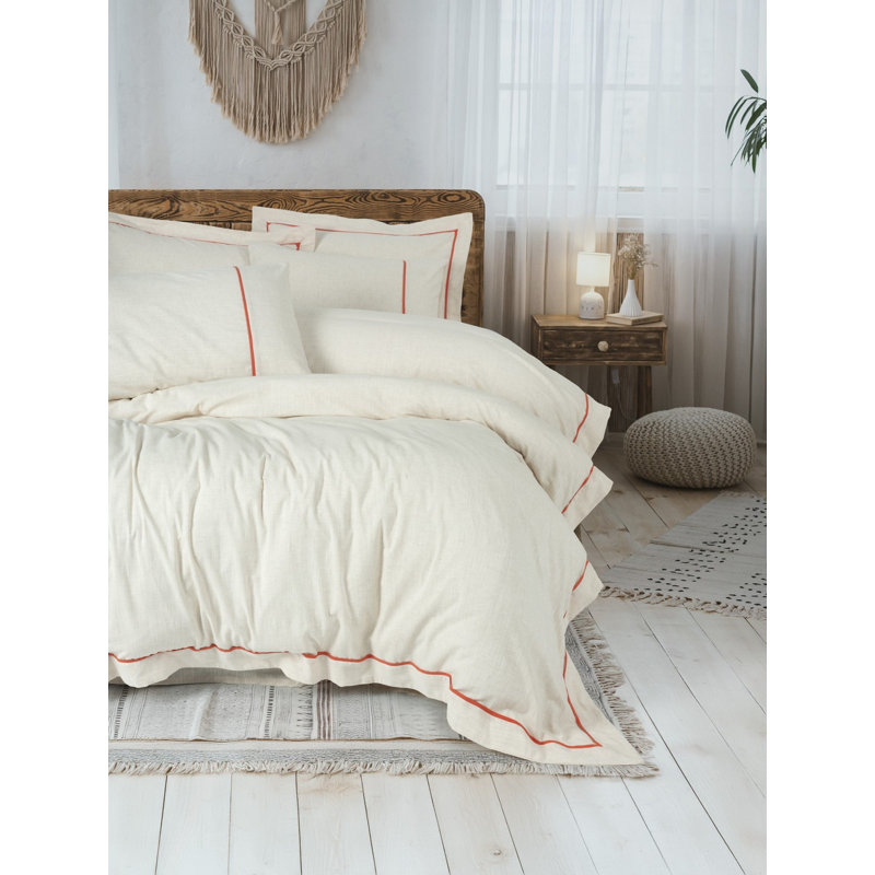 Ensemble de housse de couette de luxe double, orange et crème, 79 x 87 po | 85% coton / 15% lin, comprend 2 taies d'oreiller et taies d'oreiller Oxford | Lavable à la machine, fermeture à boutons | Parfait pour les chambres confortables