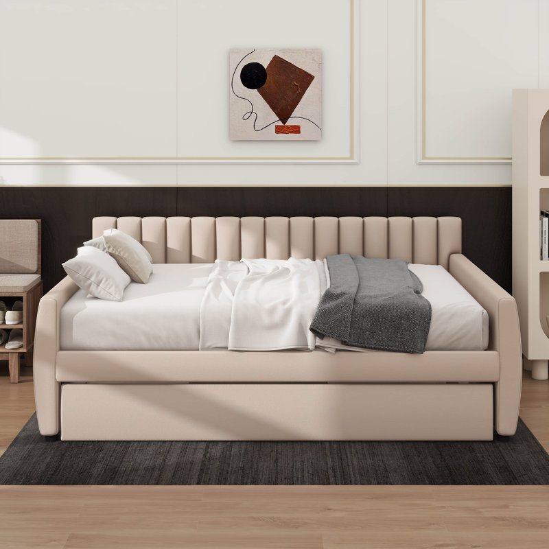 Lit de jour double rembourré en tissu avec couchette coulissante intégrée, Beige