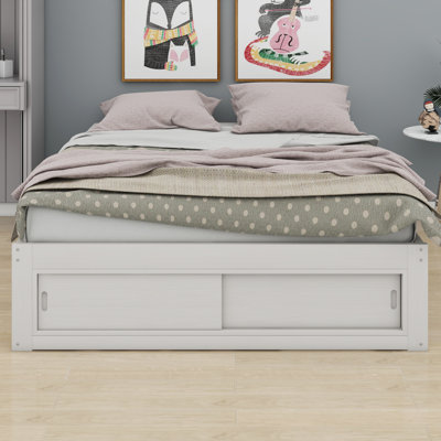 Sturdy Platform Bed Frame with 4 Storage Drawers and Footboard Cubby, No Headboard