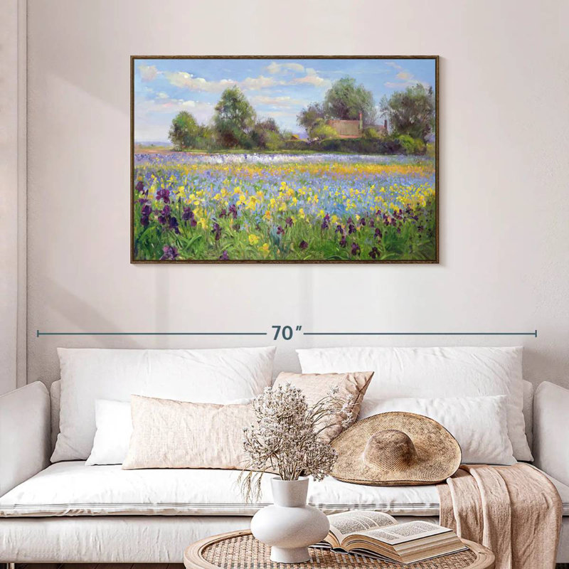 Ferme et champ d'iris, Cadre flottant noyer, 43 po x 29 po