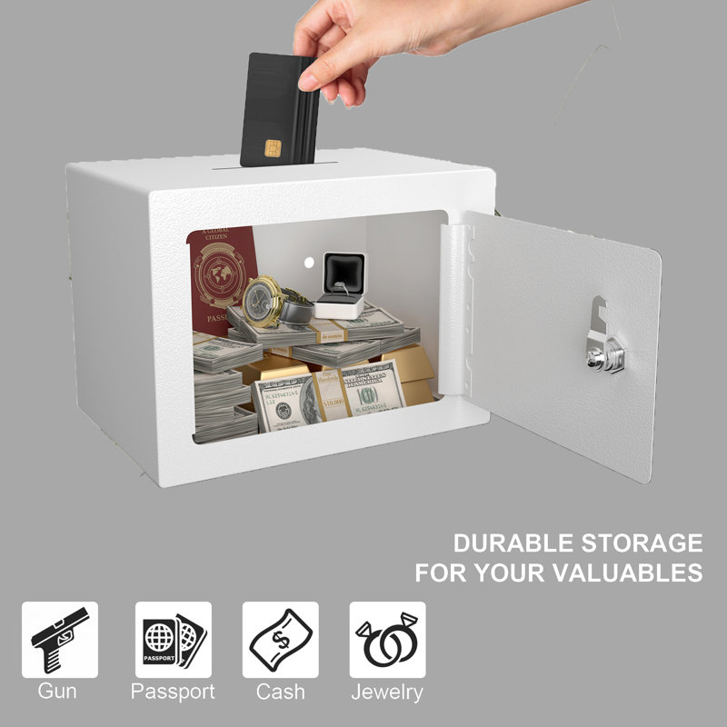 Coffre-fort de sécurité à clé, coffre-fort compact de 0,23 pied cube, idéal pour un usage domestique, pour ranger de l'argent et des documents, blanc