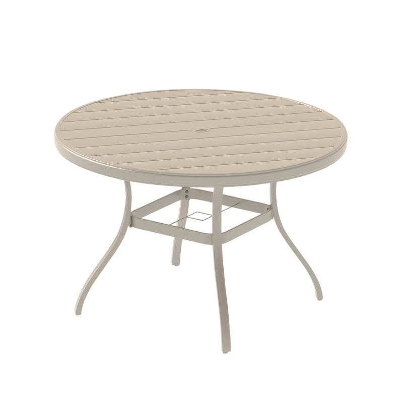 Outdoor Round Patio Dining Table For 6-7, All Weather Metal Dining Table With Umbrella Hole For Deck Lawn Garden Backyard, Sandstone Color